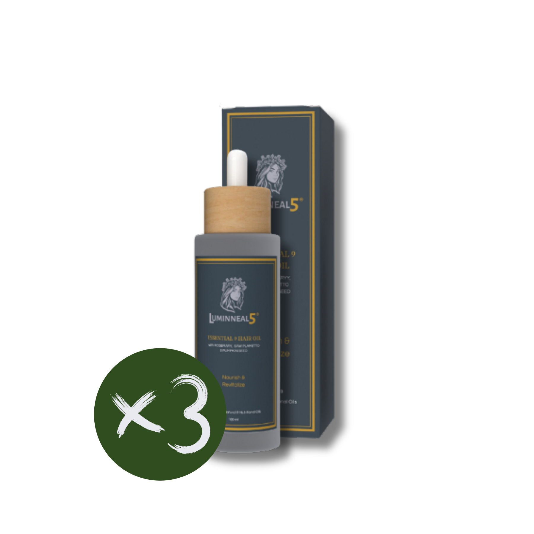 Luminneal5 essential 9 hair oil with packaging on a white background
