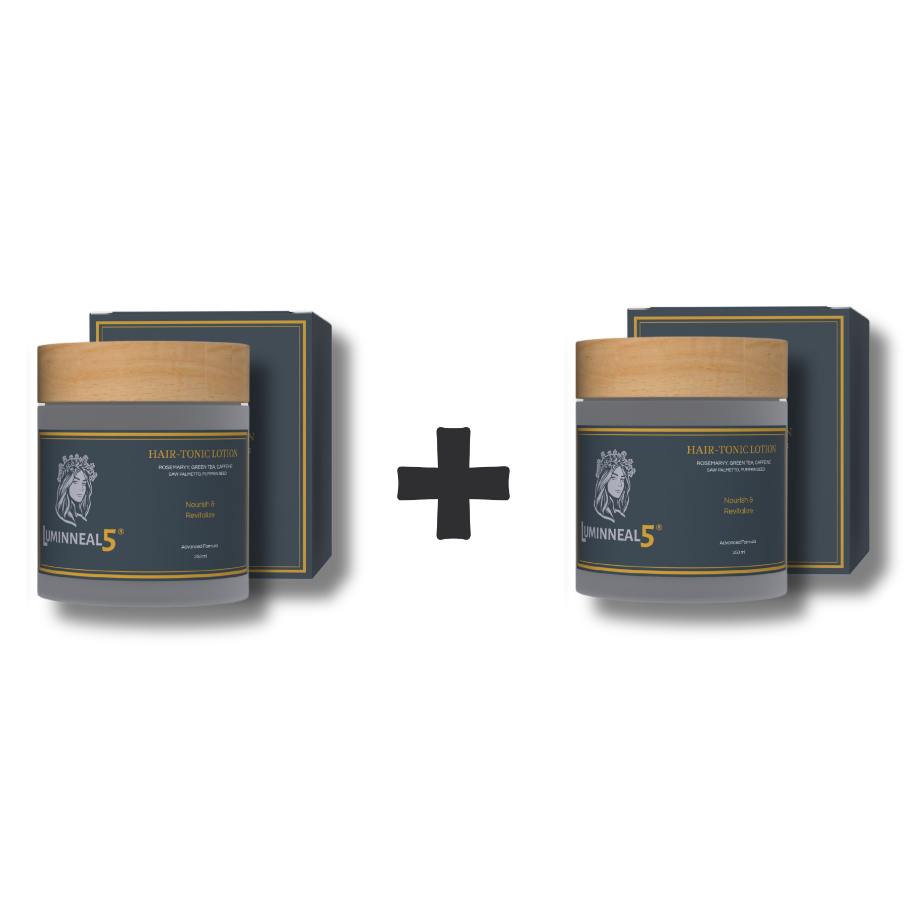 Two containers of a luminneal5 hair tonic lotion  with a plus sign between them on a white background.