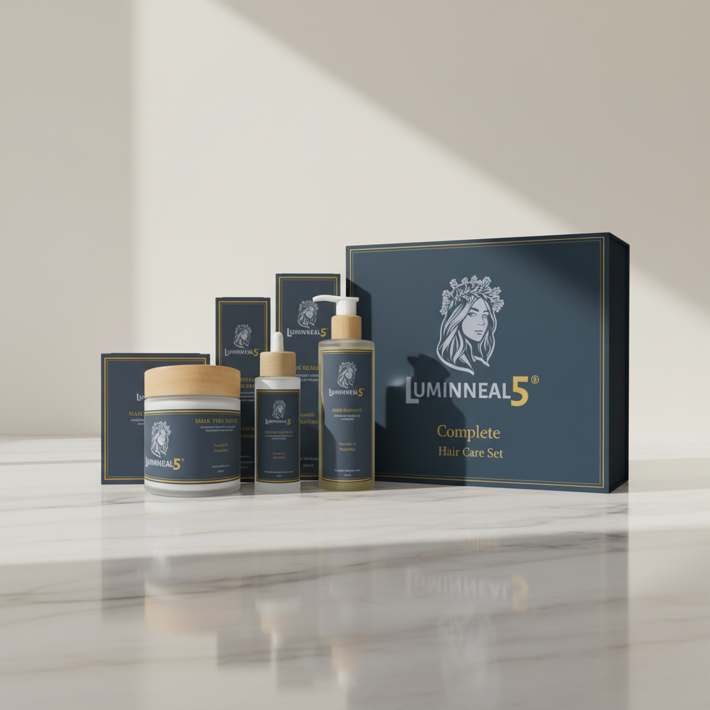 Luminneal5 hair thickening and revitalizing  care product set on a marble surface with a neutral background