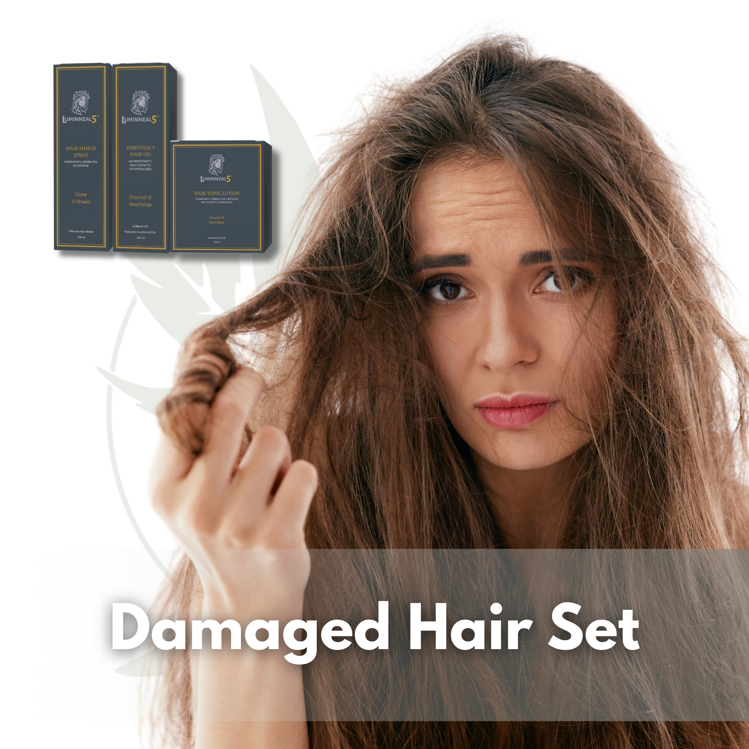 Woman with damaged hair and hair care product boxes on a white background