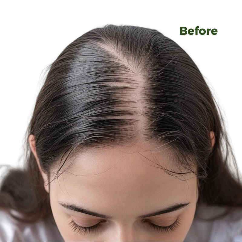 Close-up of a person with hair loss on the scalp, labeled 'Before'.