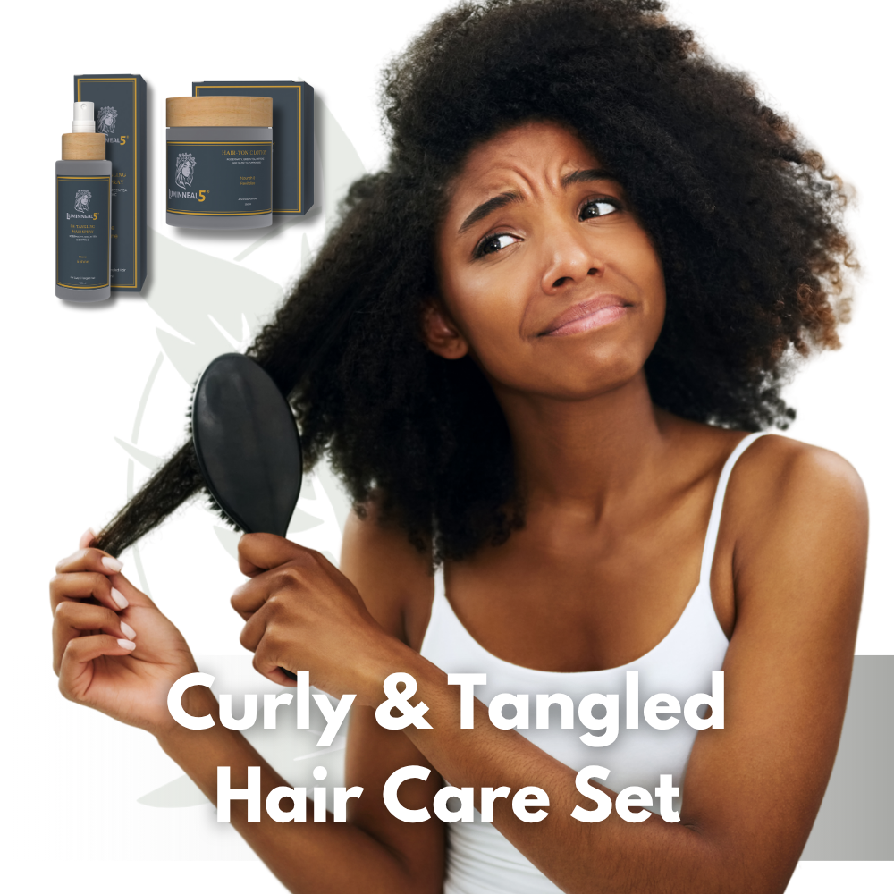 Woman brushing curly hair with hair care products displayed on a white  background (Luminneal5 Curly Hair Set)