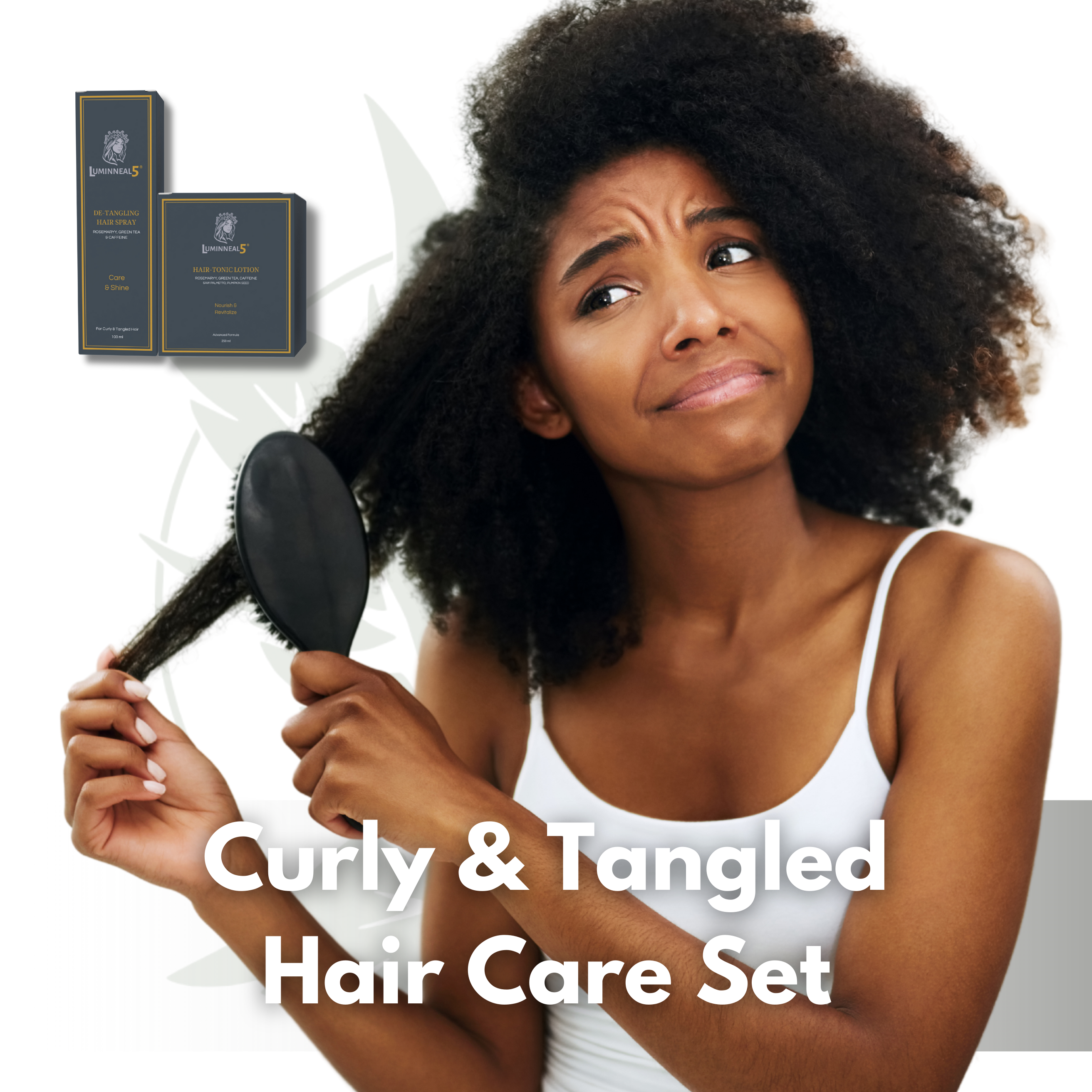 Woman brushing curly hair with text 'Curly & Tangled Hair Care Set' and product packaging.