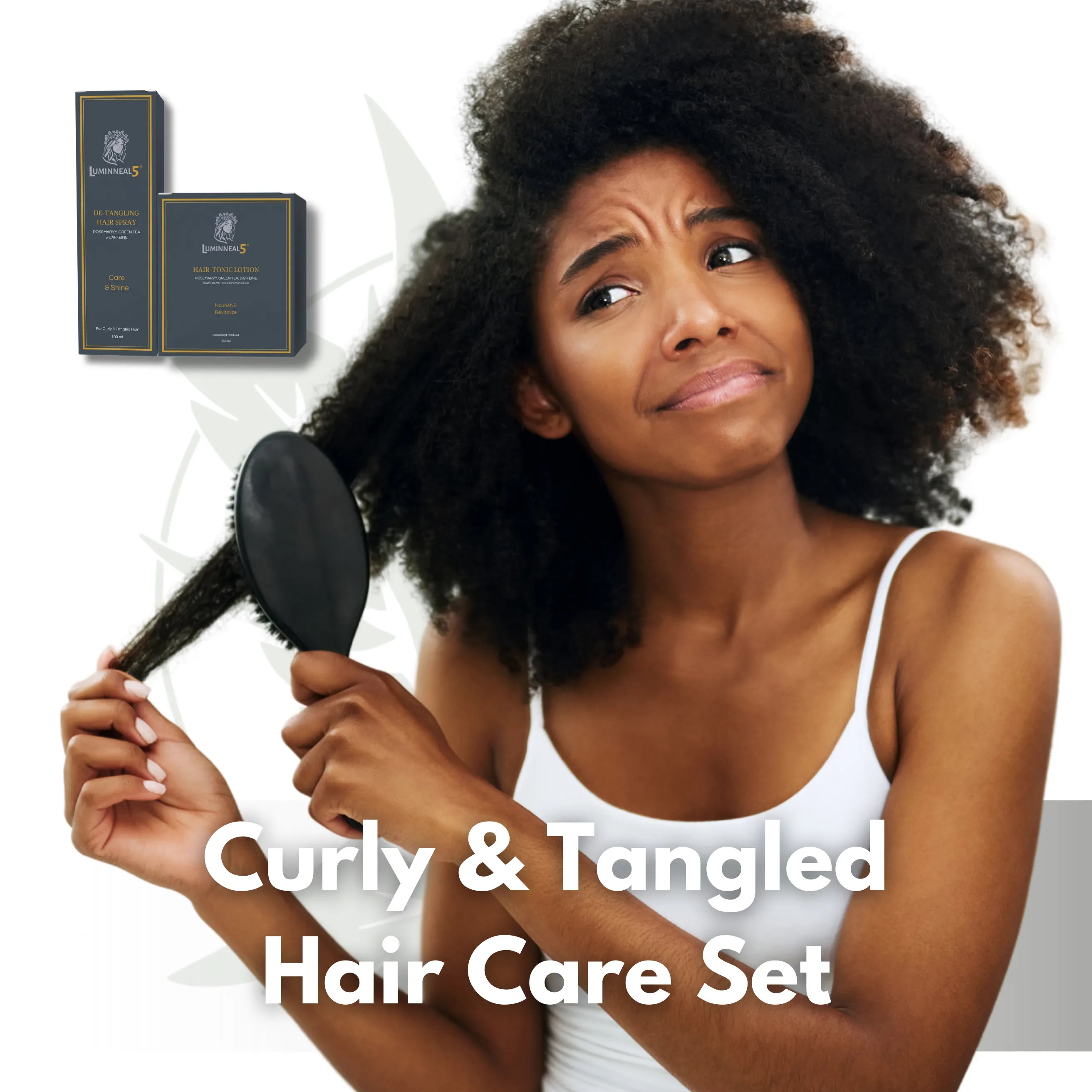 Woman brushing curly hair with text 'Curly & Tangled Hair Care Set' and product packaging. Curly & Tangled Hair Care Set Hair-Care vpwvuf-su.myshopify.com Curly & Tangled Hair Care Set Hair-Care vpwvuf-su.myshopify.com