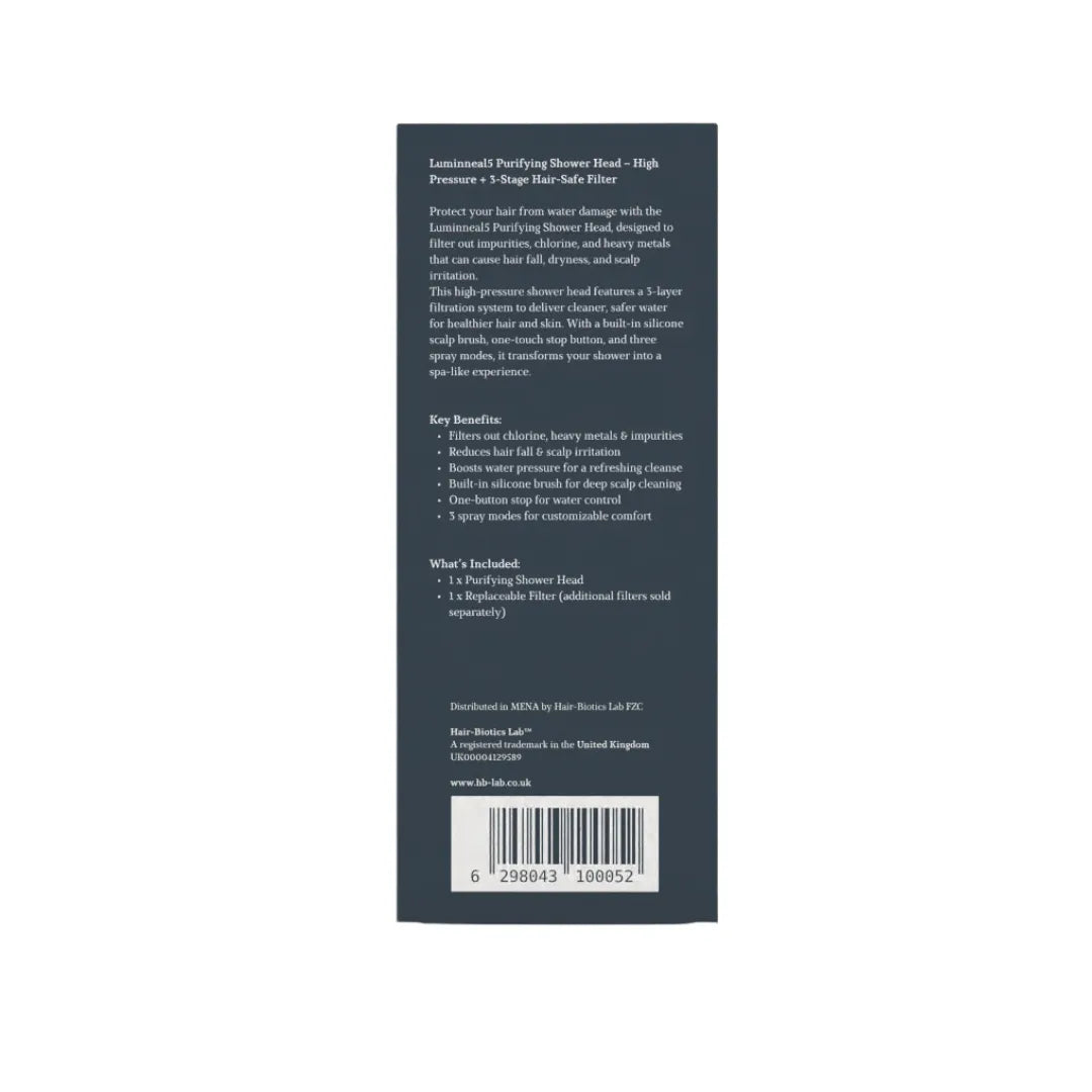 Back of luminneal5 showerhead a product packaging with text and a barcode on a white background Luminneal5 Purifying Shower Head – High Pressure + 3-Stage Hair-Safe Filter Hair-Care vpwvuf-su.myshopify.com Luminneal5 Purifying Shower Head – High Pressure + 3-Stage Hair-Safe Filter Hair-Care vpwvuf-su.myshopify.com