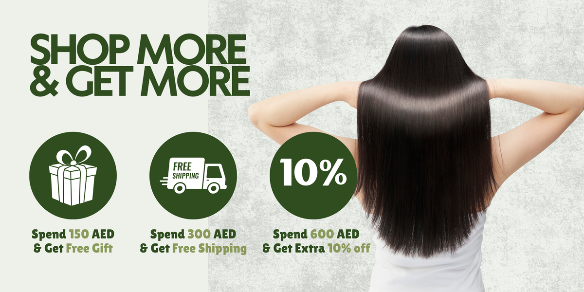 Promotional banner with a woman with long hair, text 'Shop More & Get More', and promotional offers.