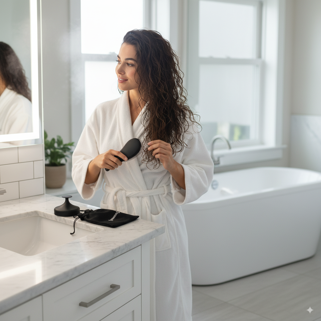 Woman in a white robe brushing her hair in a bathroom with Luminneal5 soft silicone brush