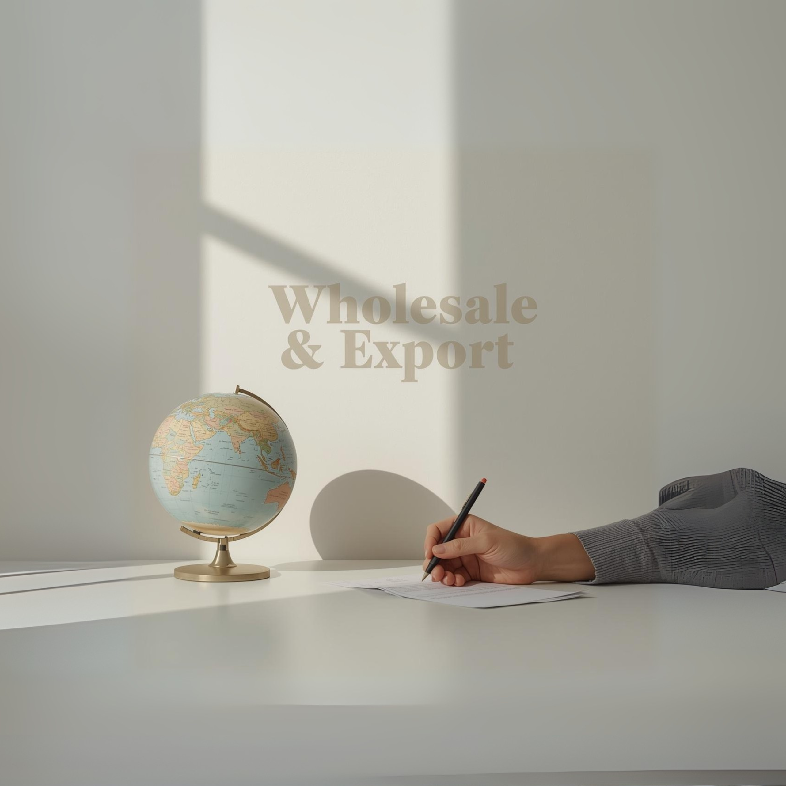 Person writing on a piece of paper with a globe next to them, against a light background with 'Wholesale & Export' text.