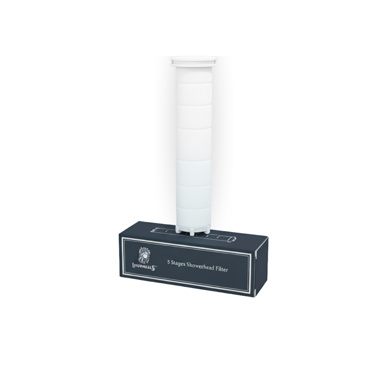 Luminneal5 Showerhead filter on a branded box with a white background