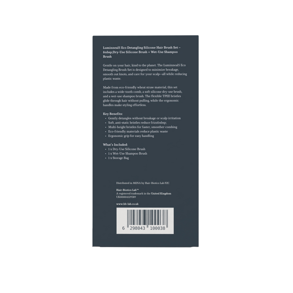 back of Luminneal5 silicone hair brush set  packaging