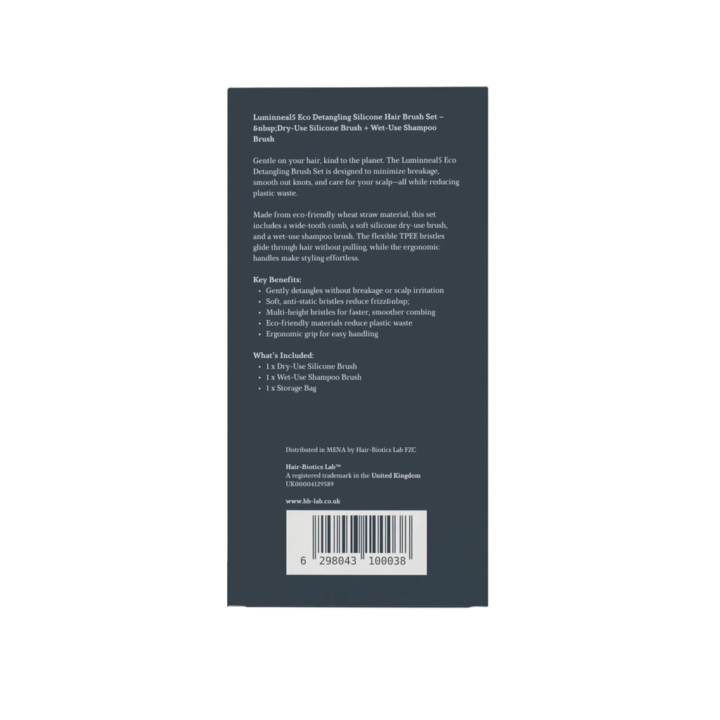 back of Luminneal5 silicone hair brush set  packaging Luminneal5 Eco Detangling Silicone Hair Brush Set – Dry-Use Silicone Brush + Wet-Use Shampoo Brush Hair-Care vpwvuf-su.myshopify.com Luminneal5 Eco Detangling Silicone Hair Brush Set – Dry-Use Silicone Brush + Wet-Use Shampoo Brush Hair-Care vpwvuf-su.myshopify.com