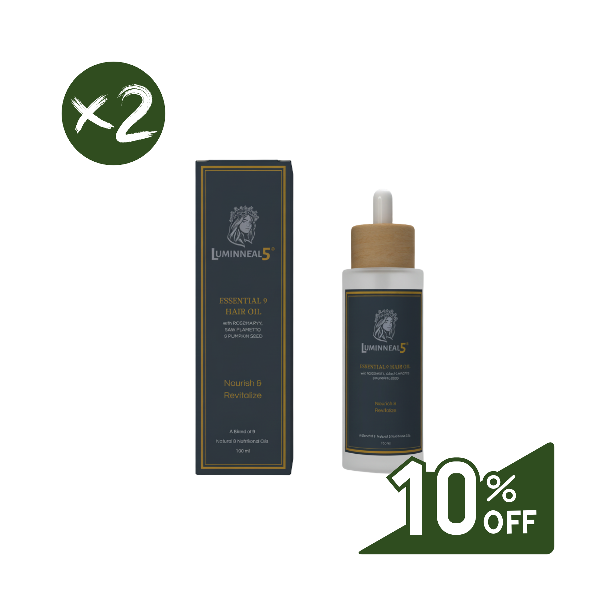 Luminneal5 essential 9 hair oil bottle and packaging with a discount label on a white background