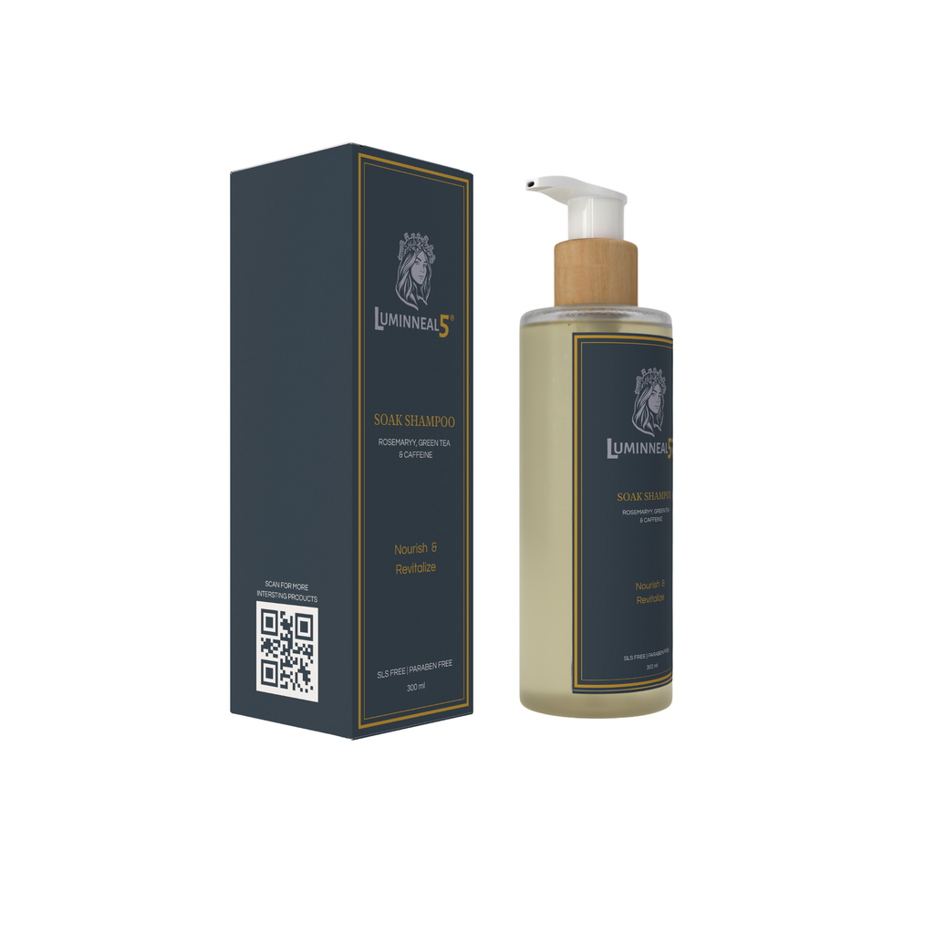 Luminereal shampoo bottle and packaging on a white background