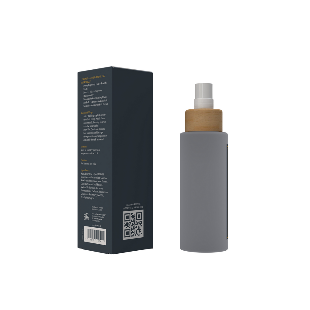 Luminneal5 detangling hair spray bottle with wooden cap next to its packaging on a white background