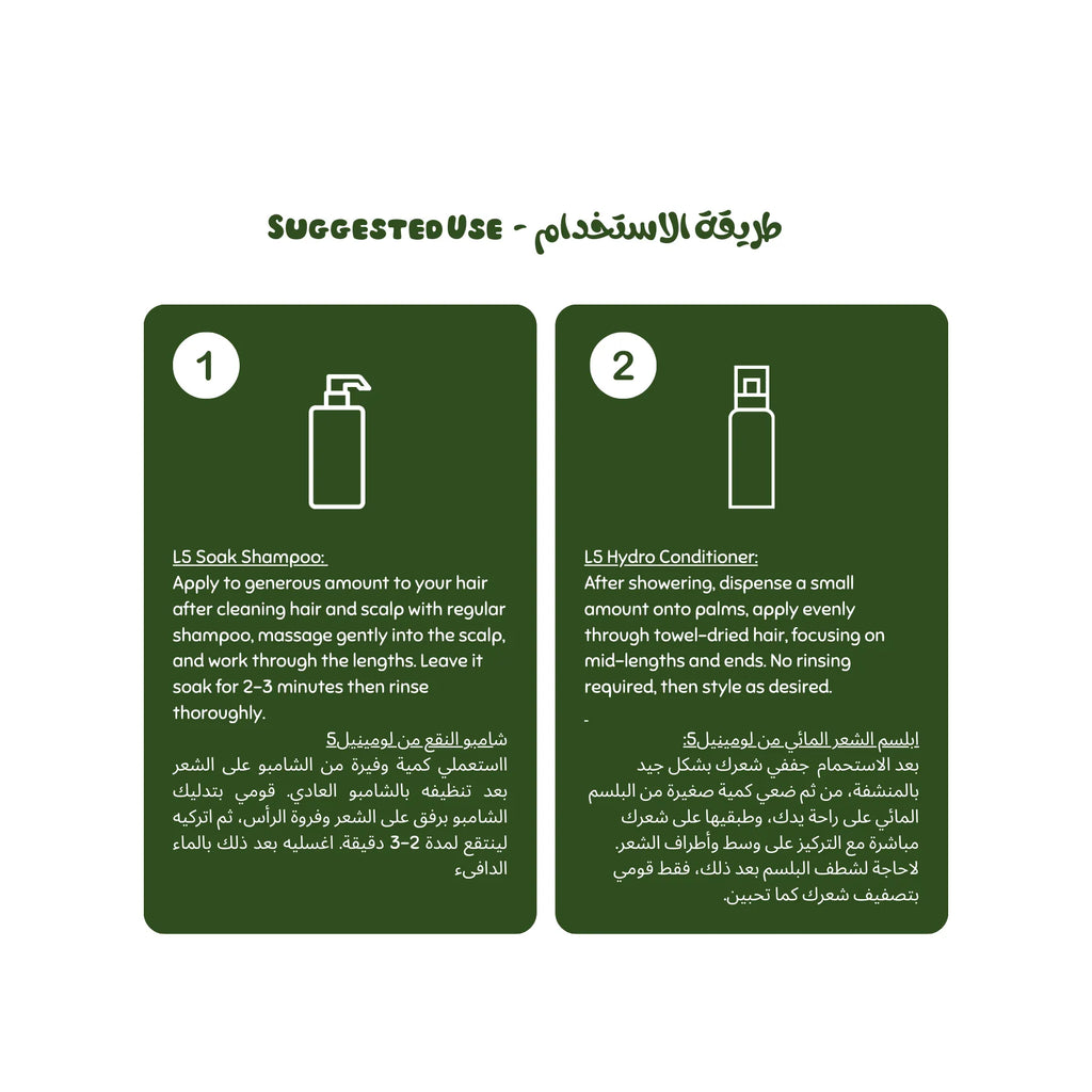 Instructions for using LS Soak Shampoo and LS Hydro Conditioner on a green background Hair Shine Set Hair-Care vpwvuf-su.myshopify.com Hair Shine Set Hair-Care vpwvuf-su.myshopify.com
