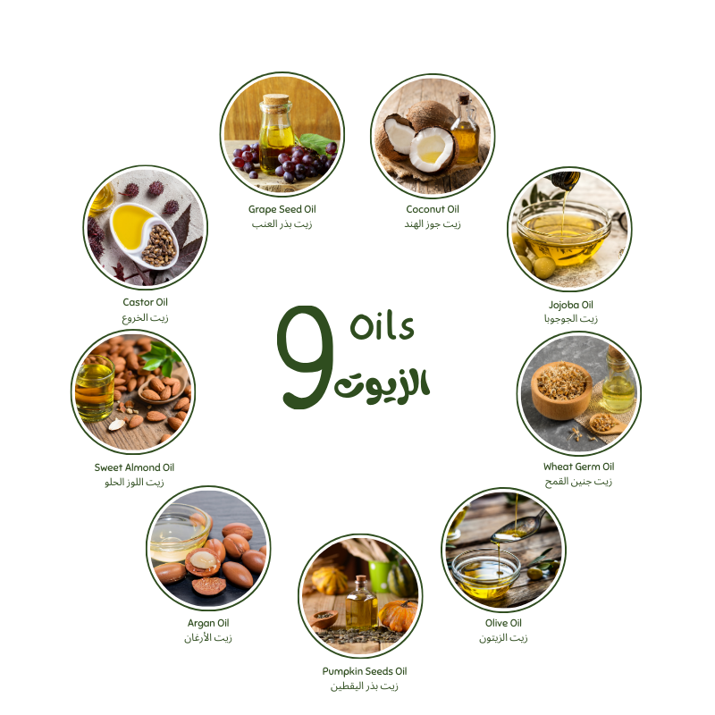 Illustration of nine different oils with their names and images on a white background. Luminneal5 Essential 9 hair Oil.