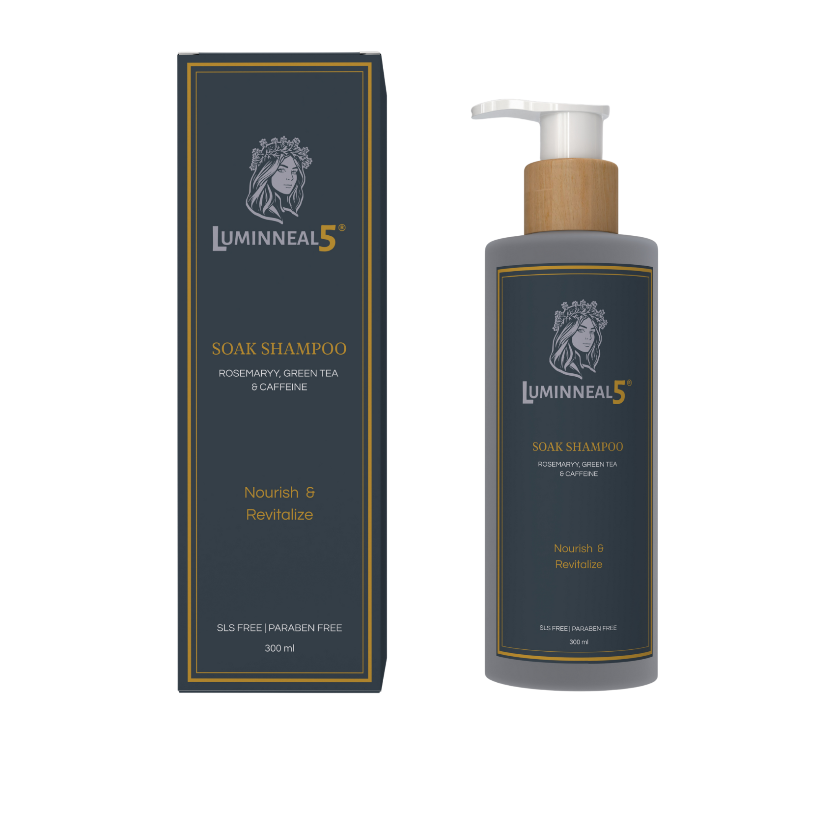 Luminneal5 Soak Shampoo bottle and packaging on a white background