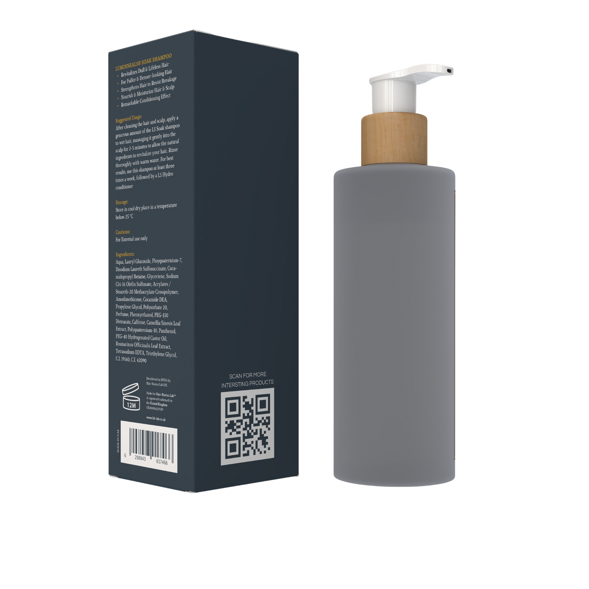 Luminneal5 Soak Shampoo bottle with pump and black box on a white background