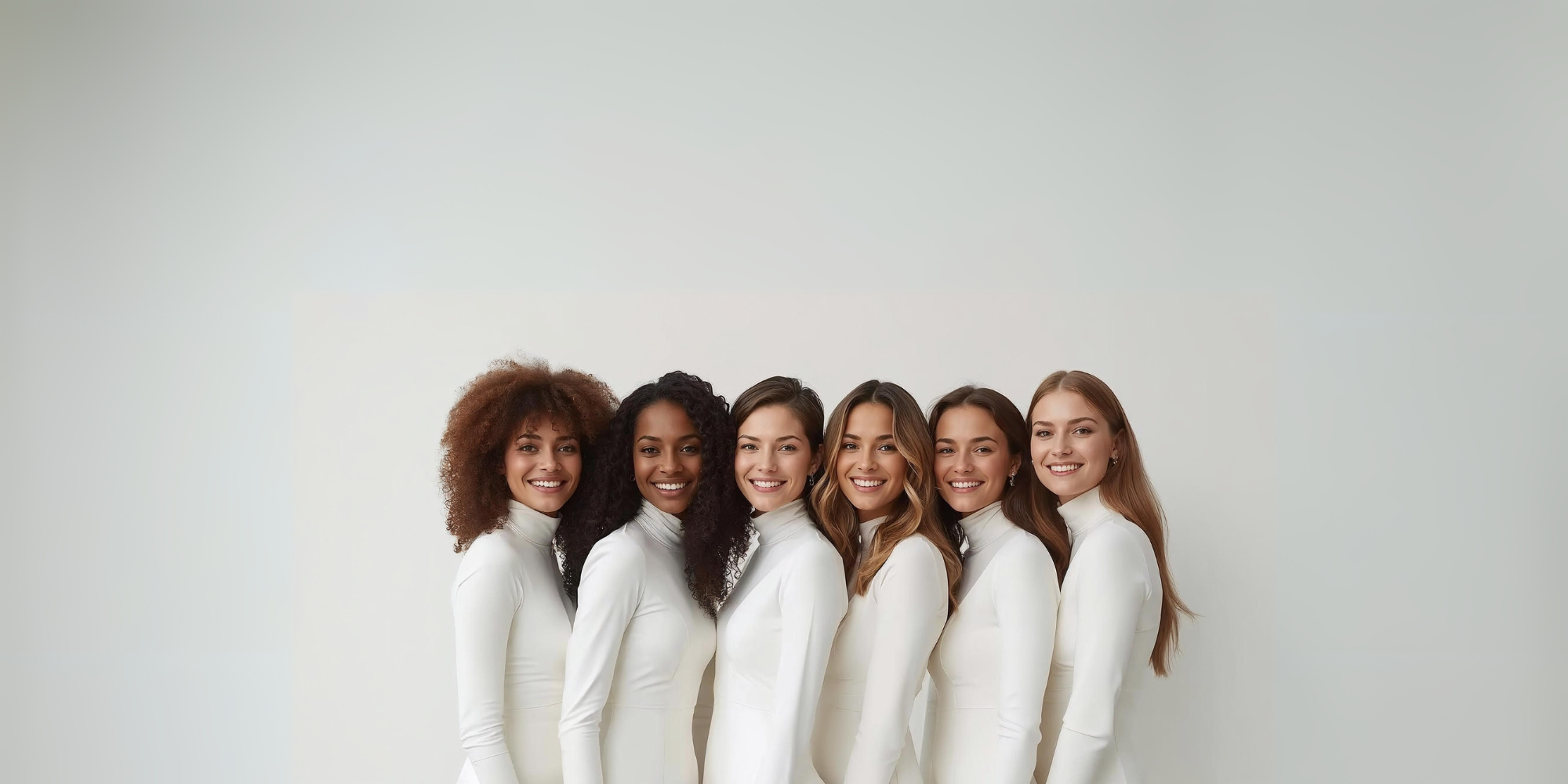 Five women in white outfits standing side by side against a light gray background